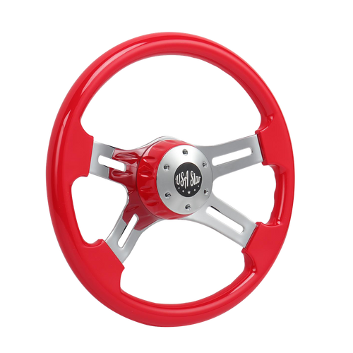 18” Steering Wheel Red Chrome 4-Spoke w/ Slot Cut Outs Chrome Horn Button Logo
