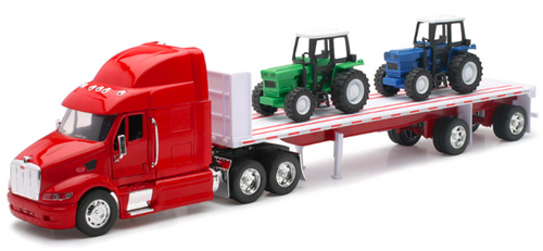 Toy Truck, Flatbed Hauling a Farm Tractor Cab is die-cast metal 1:32 Scale, Peterbilt 387