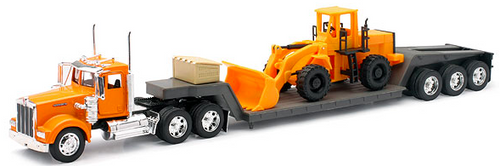 Toy Truck, Tractor with Lowboy Hauling a Wheel Loader 1:32 Scale, Kenworth W900