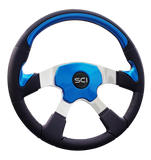 18" Leather Rim w/Ocean Blue Painted Inserts, Polished Aluminum 4-Spoke, Elite 4 – Ocean Blue Pad, SCI Horn Button-Black