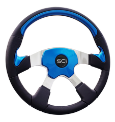 18" Leather Rim w/Ocean Blue Painted Inserts, Polished Aluminum 4-Spoke, Elite 4 – Ocean Blue Pad, SCI Horn Button-Black