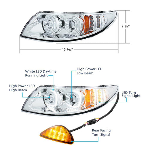 Chrome LED Projector Headlight With Rear Facing Turn Signal For International Durastar 2002-2018 - Passenger