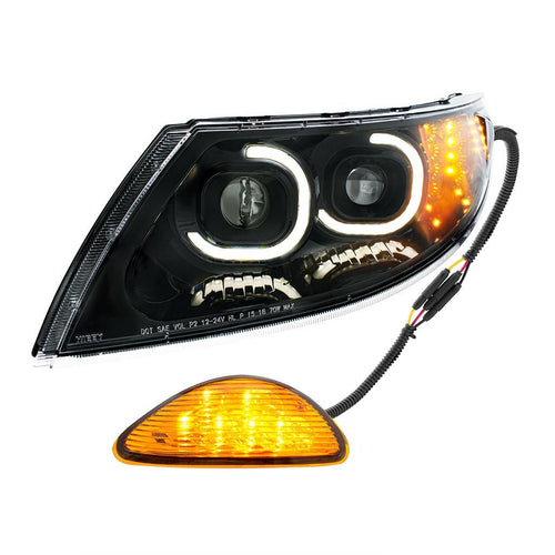 Black LED Projector Headlight With Rear Facing Turn Signal For International Durastar 4100/4200/4300/4400/8600 2002-2018 - Driver