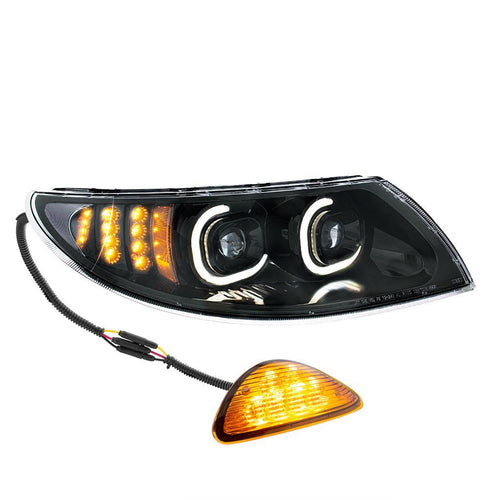 Black LED Projector Headlight With Rear Facing Turn Signal For International Durastar 4300/4400/8600 2002-2018