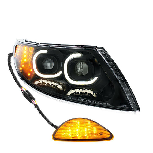 Black LED Projector Headlight With Rear Facing Turn Signal For International Durastar 4300/4400/8600 2002-2018