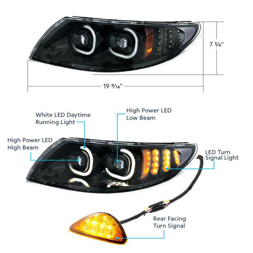Black LED Projector Headlight With Rear Facing Turn Signal For International Durastar 4300/4400/8600 2002-2018