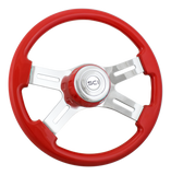 16" RED Steering Wheel - Painted Wood Rim, Chrome 4-Spoke w/ Slot Cut Outs, Matching Bezel, Chrome Horn Button - Logo
