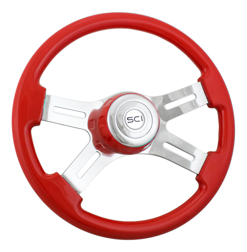 16" RED Steering Wheel - Painted Wood Rim, Chrome 4-Spoke w/ Slot Cut Outs, Matching Bezel, Chrome Horn Button - Logo