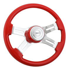 16" RED Steering Wheel - Painted Wood Rim, Chrome 4-Spoke w/ Slot Cut Outs, Matching Bezel, Chrome Horn Button - Logo