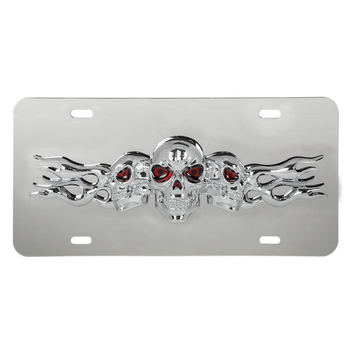 Stainless Steel License Plate with 3D Small Skulls Emblem
