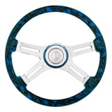 18" 4 Spoke Skull Steering Wheel With Matching Skull Horn Bezel Blue