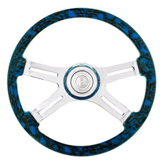 18" 4 Spoke Skull Steering Wheel With Matching Skull Horn Bezel Blue