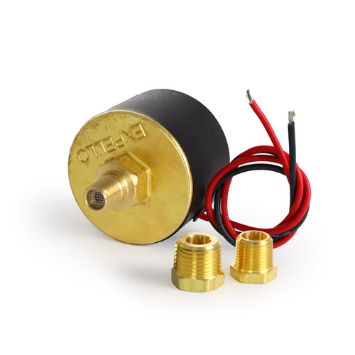 Automatic Electonic Drain Valve 12v, ¼” NPT w/ ¼” to 3/8” and ¼” to ½” adapter bushings (2) Expello