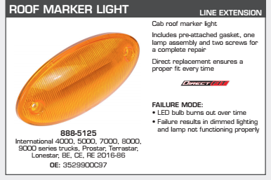 Cab Roof Marker LED Light - fits International 4000, 5000, 7000, 8000, 9000 Series Trucks, Prostar, Terrastar, Lonestar, Be, Ce, Re, 1986-2016