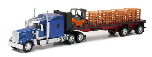 Toy Truck, Flatbed Trailer with Forklift and Pallets 1:32 Scale, Kenworth W900