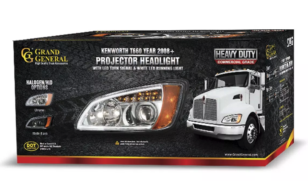 DTMOTO Passenger Side Projector Headlight – 08–17 Kenworth T660, Chrome Housing, Halogen, SAE DOT