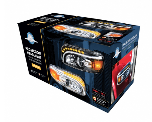 Chrome Projection Headlight With LED Turn & DRL For Peterbilt 389 (2008-2023) & 388 (2008-2015)- Driver