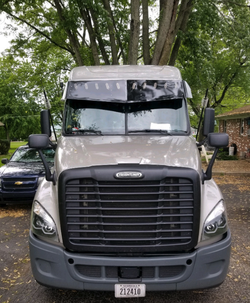 19 to 16 1/2” Visor Fits Freightliner Cascadia And Day Cab & Mid Roof (2007 & Newer) Cascadia Body Style (2018 & Newer) Stainless Steel V-Style 10 Hidden Light Hole With Visor