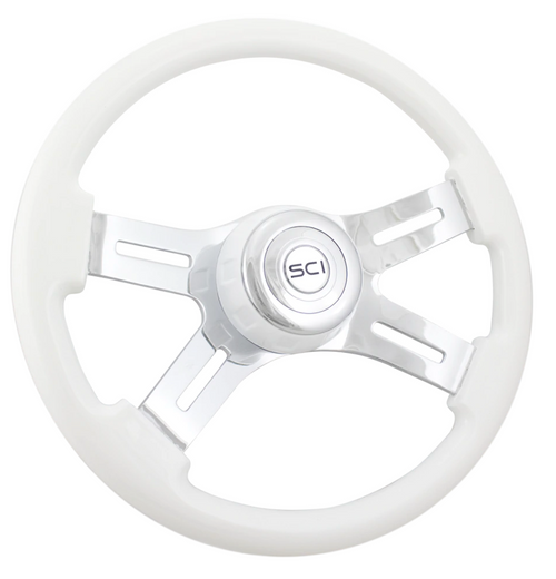 16" Steering Wheel - Painted Wood Rim, Chrome 4-Spoke w/ Slot Cut Outs, Matching Bezel, Chrome Horn Button - Logo