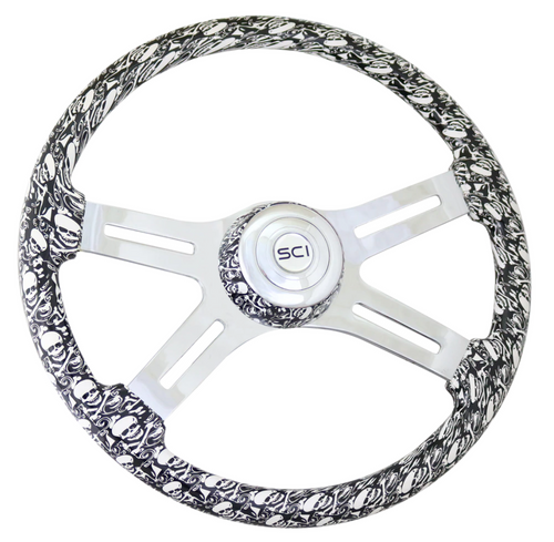 Skulls 18" Printed Wood Rim, Chrome 4-Spoke w/ Slot Cut Outs, Matching Bezel, Chrome Horn Button