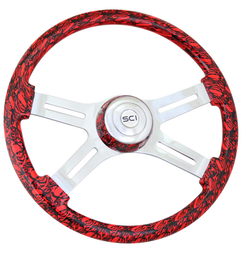 Skulls 18" Printed Wood Rim, Chrome 4-Spoke w/ Slot Cut Outs, Matching Bezel, Chrome Horn Button