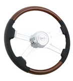 18" Wood & Leather Rim, Chrome 4-Spoke w/Slot Cut Outs, Chrome Bezel, Chrome Horn Button - Logo