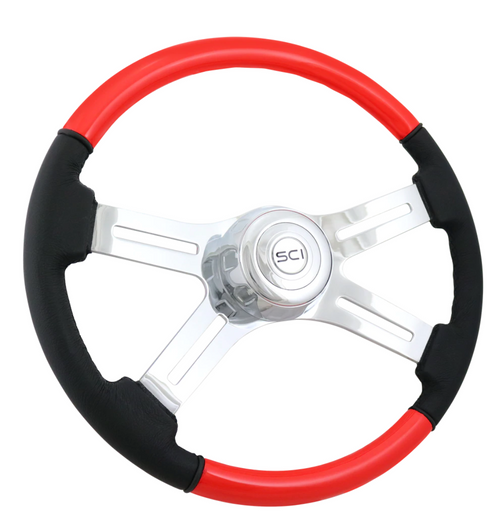 18" Wood & Leather Rim, Chrome 4-Spoke w/Slot Cut Outs, Chrome Bezel, Chrome Horn Button - Logo