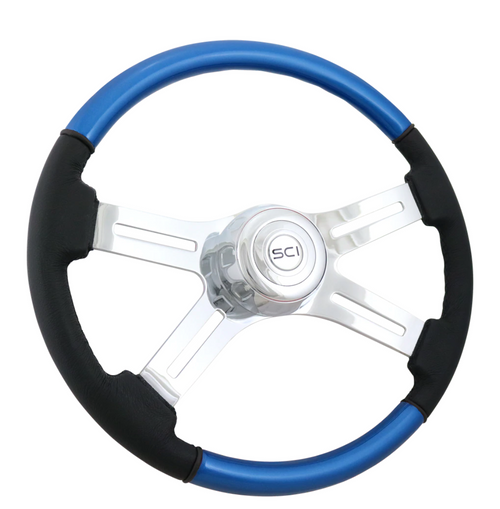 18" Wood & Leather Rim, Chrome 4-Spoke w/Slot Cut Outs, Chrome Bezel, Chrome Horn Button - Logo