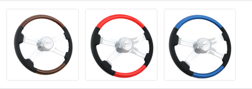 18" Wood & Leather Rim, Chrome 4-Spoke w/Slot Cut Outs, Chrome Bezel, Chrome Horn Button - Logo