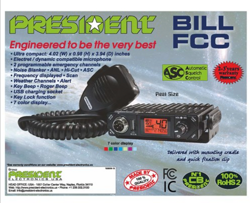 BILL Ultra Compact CB Radio with USB & 7 Color Display