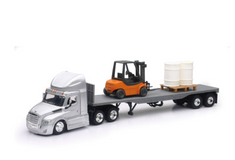 Toy Truck, Freightliner Cascadia Flatbed W/ Forklift & Barrels, 1:43 Scale