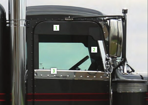 Top Of Door Trim 8.5˝  To match 2005 & Newer Post Mount Visors Stainless Steel 304 fits Peterbilt