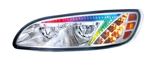 Chrome LED Headlight With RGB Position Light Bar For Peterbilt 386 (2005-2015) & 387 (1999-2010) - Driver