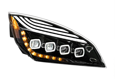 Black Quad-LED Headlight With LED DRL & Seq. Signal For 2018-2024 Freightliner Cascadia - Passenger