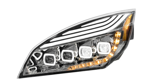Chrome Quad-LED Headlight With LED DRL & Seq. Signal For 2018-2024 Freightliner Cascadia - Driver