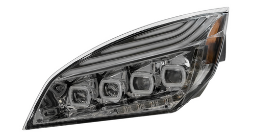 Chrome Quad-LED Headlight With LED DRL & Seq. Signal For 2018-2024 Freightliner Cascadia - Driver