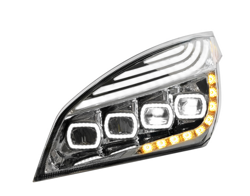 Chrome Quad-LED Headlight With LED DRL & Seq. Signal For 2018-2024 Freightliner Cascadia - Driver