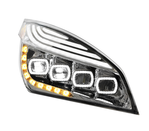 Chrome Quad-LED Headlight With LED DRL & Seq. Signal For 2018-2024 Freightliner Cascadia - Passenger