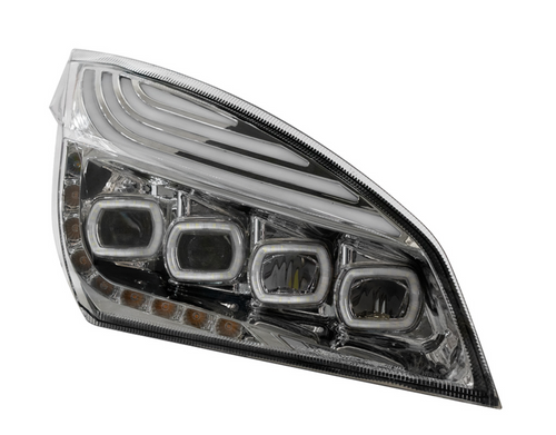 Chrome Quad-LED Headlight With LED DRL & Seq. Signal For 2018-2024 Freightliner Cascadia - Passenger