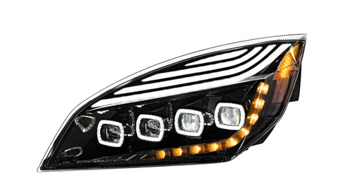 Black Quad-LED Headlight With LED DRL & Seq. Signal For 2018-2023 Freightliner Cascadia - Driver