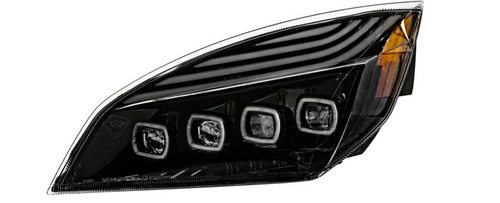 Black Quad-LED Headlight With LED DRL & Seq. Signal For 2018-2023 Freightliner Cascadia - Driver