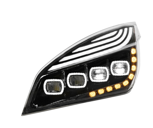 Black Quad-LED Headlight With LED DRL & Seq. Signal For 2018-2023 Freightliner Cascadia - Driver