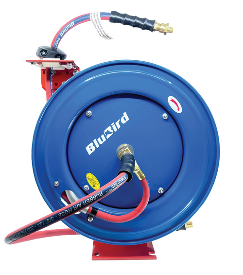 BluBird Patriot Pro Air Hose Reel 1/2" x 50' Retractable Heavy Duty Steel Construction with Rubber Hose 300 PSI