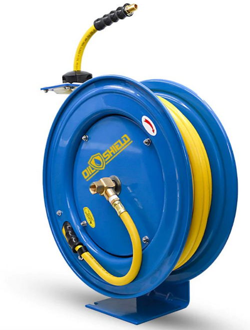 OilShield Air Hose Reel 3/8" X 50' Retractable Heavy Duty Steel Construction with Rubber Hose 300 PSI