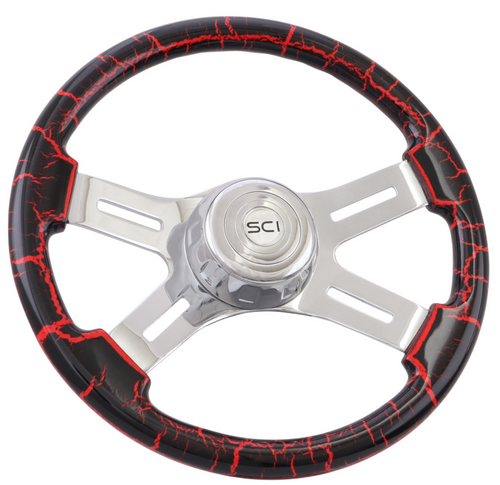 16" Classic Viper Red Crackle - 16" Painted Wood Rim, Chrome 4-Spoke w/Slot Cut Outs, Chrome Bezel, Chrome Horn Button