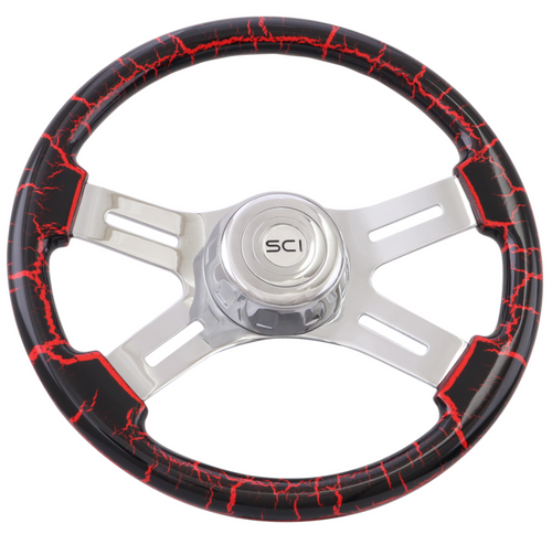 16" Classic Viper Red Crackle - 16" Painted Wood Rim, Chrome 4-Spoke w/Slot Cut Outs, Chrome Bezel, Chrome Horn Button