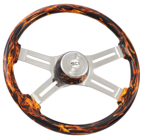 Classic Inferno Red - 18" Printed Wood Rim, Chrome 4-Spoke w/Slot Cut Outs, Matching Bezel, Chrome Horn Button