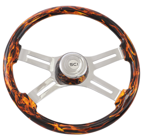 Classic Inferno Red - 18" Printed Wood Rim, Chrome 4-Spoke w/Slot Cut Outs, Matching Bezel, Chrome Horn Button
