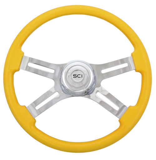 18" Painted Wood Rim, Chrome 4-Spoke w/ Slot Cut Outs, Chrome Bezel, Chrome Horn Button