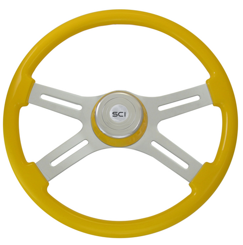 Classic Yellow-18" Painted Wood Rim, Chrome 4-Spoke w/ Slot Cut Outs Steering Wheel, Yellow Bezel, Chrome Horn Button-Logo